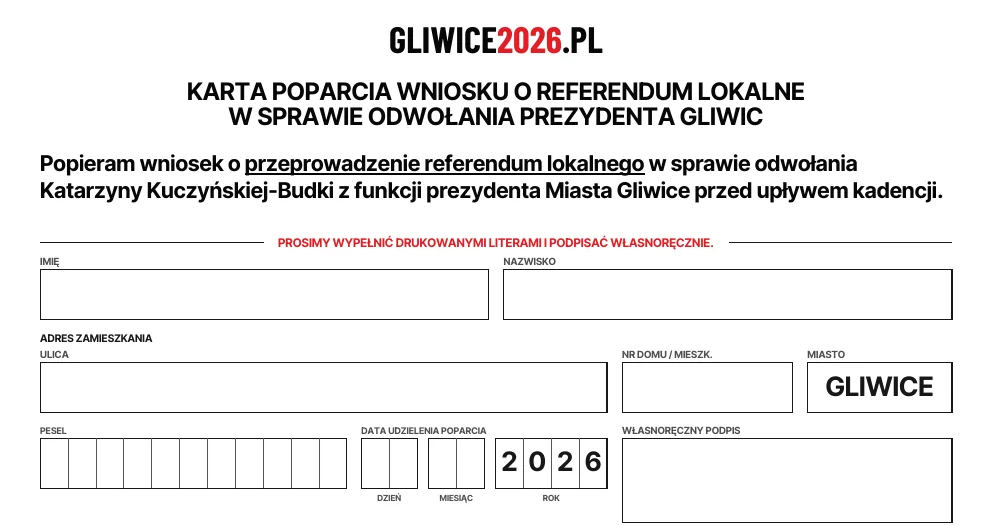 Miniatura oficjalnej jednoosobowej karty poparcia GLIWICE2026