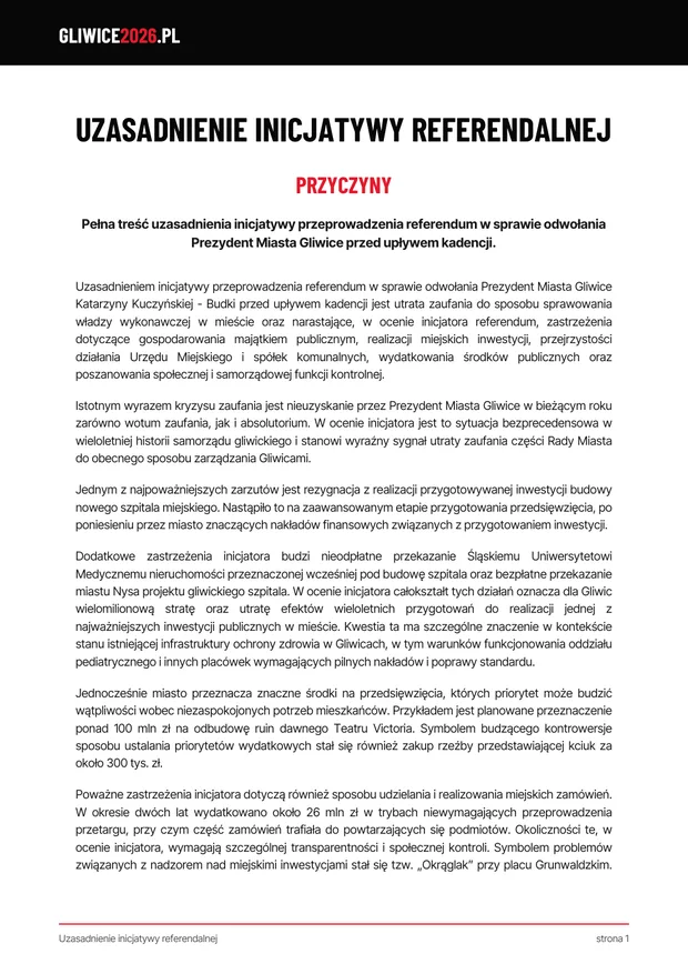 Miniatura pierwszej strony pełnego uzasadnienia inicjatywy referendalnej
